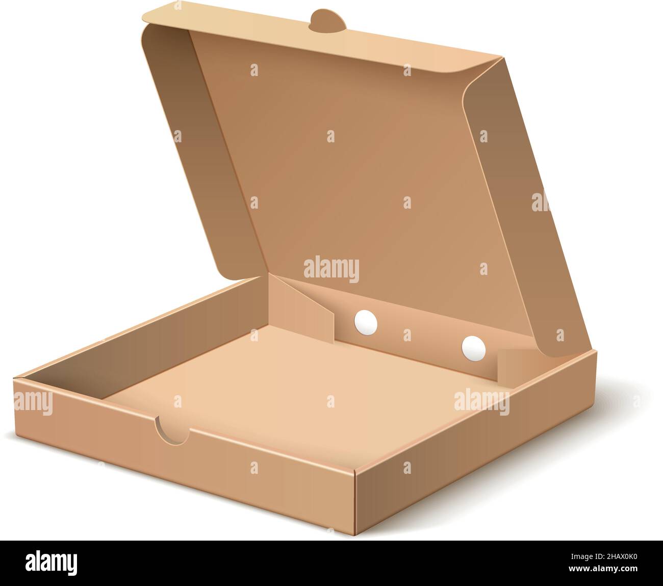 Empty pizza box. Open cardboard pack. Realistic mockup Stock Vector