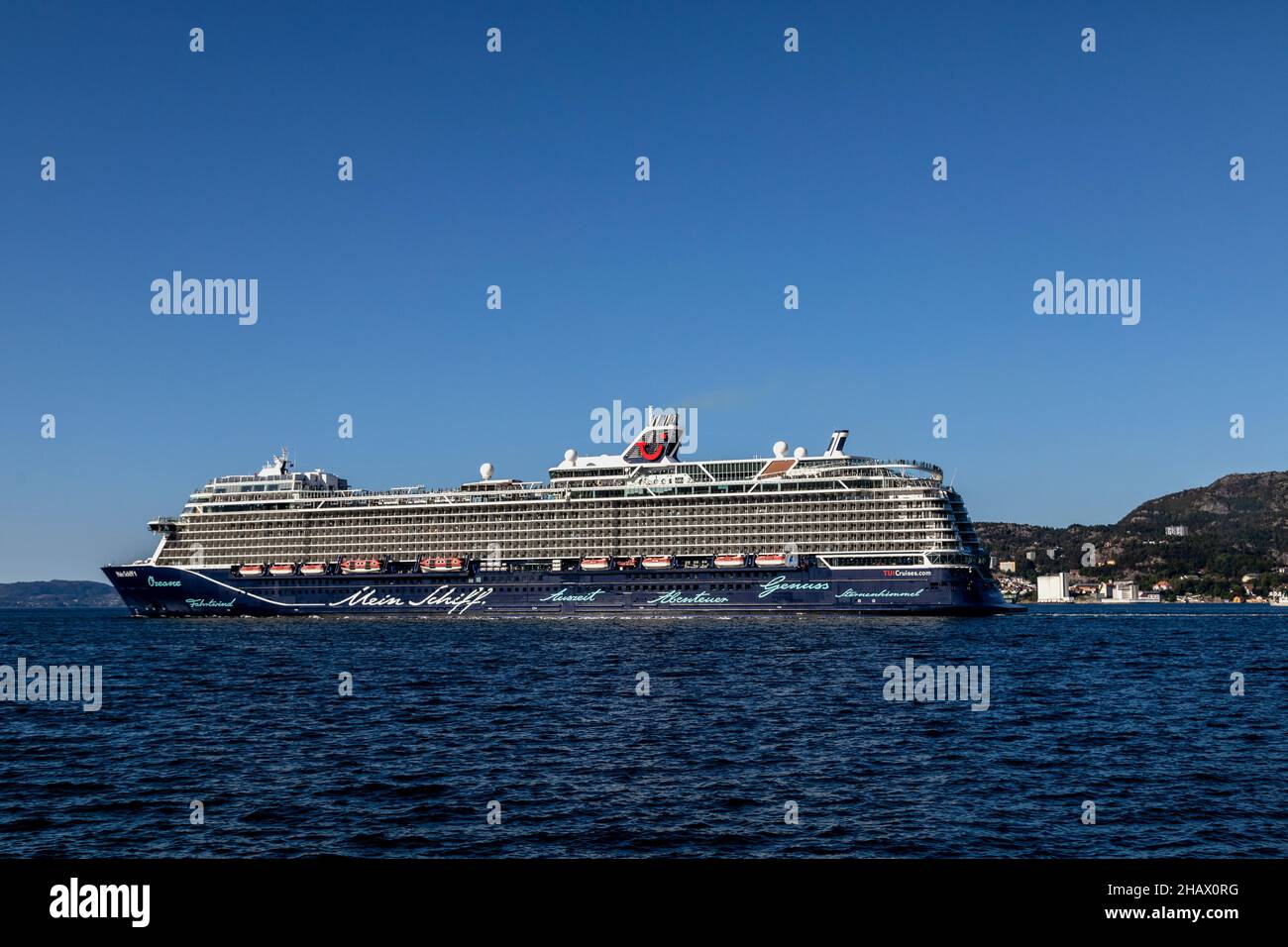 Cruise ship Mein Schiff 1 departing from the port of Bergen, Norway. Stock Photo