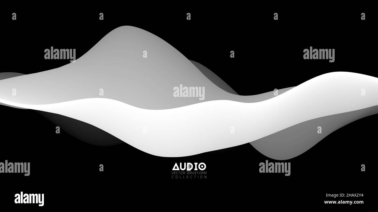 Sound wave visualiztion. 3D black and white solid waveform. Voice sample pattern. Stock Vector
