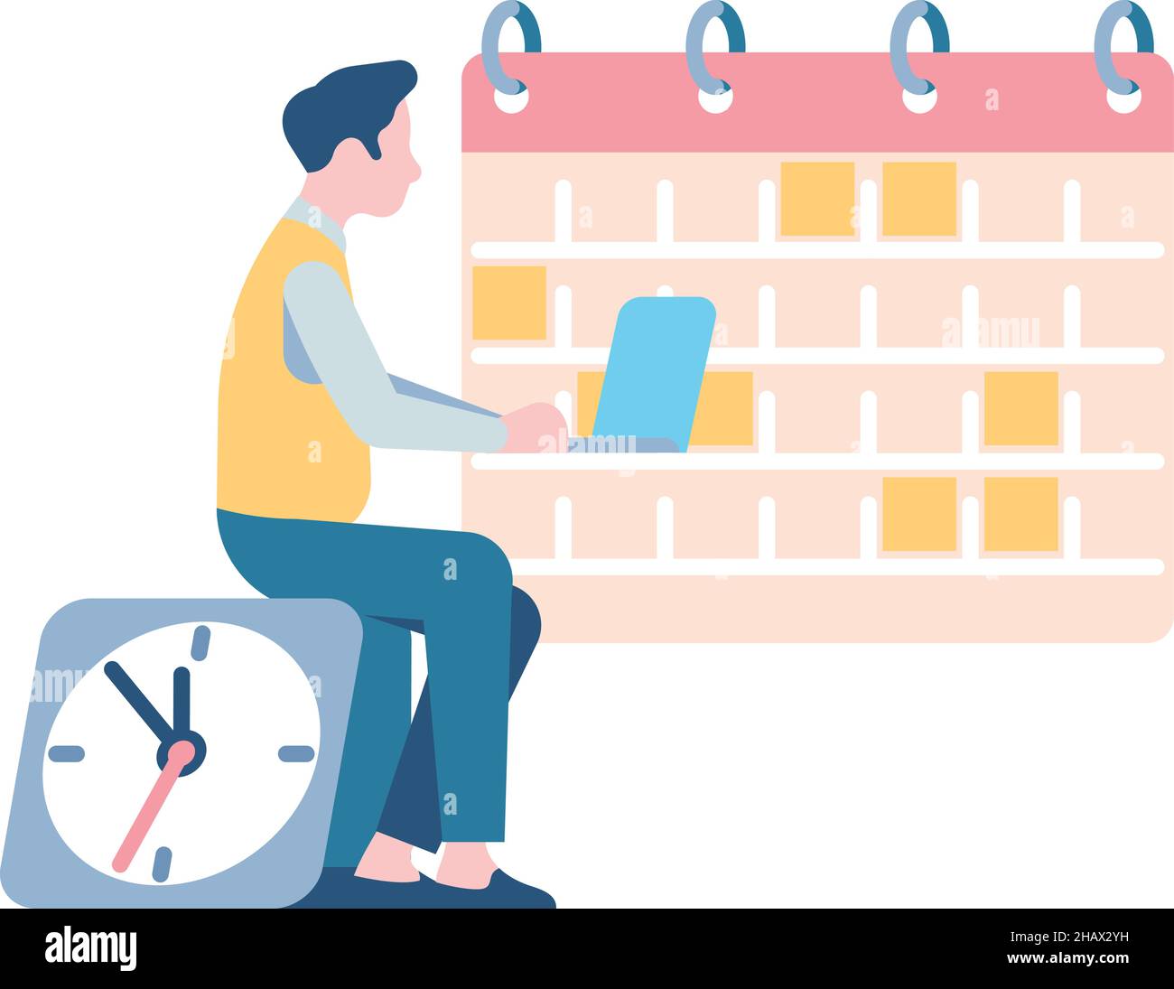 Man with laptop sitting on clock looking at calendar. Planning concept