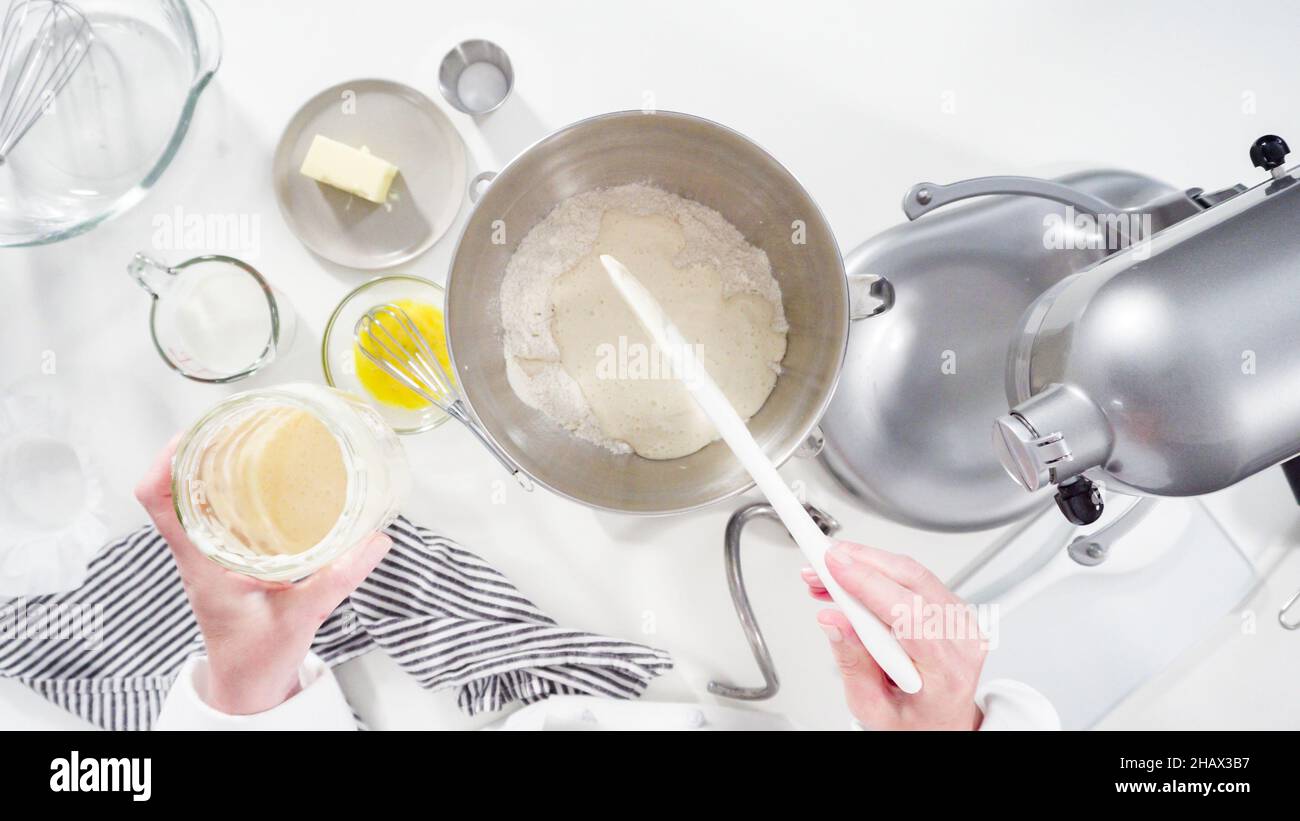 Flat lay. Mixing ingredients in a kitchen standing mixer to bake