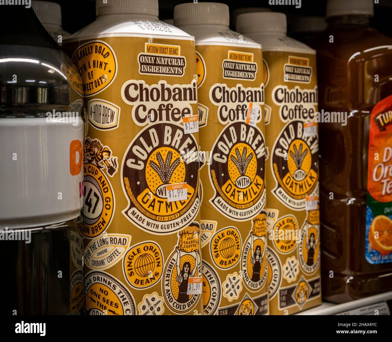 Chobani brand cold brew coffee, with oartmilk,  in a supermarket in New York on Tuesday, December 7, 2021. Ready-to-drink coffee sales in the U.S. have grown in the double digits. (© Richard B. Levine) Stock Photo