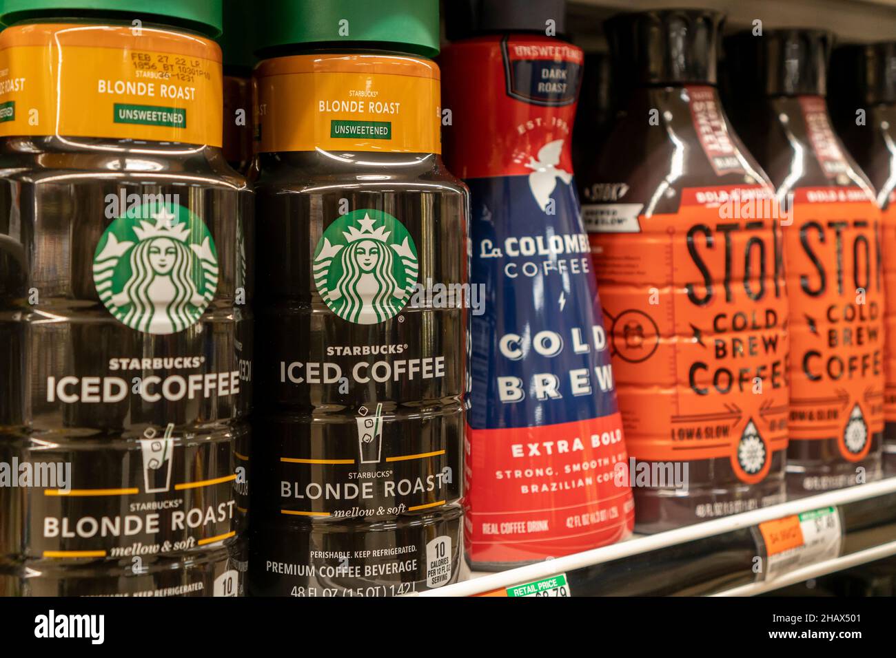 Brands of concentrated cold brew coffee in a supermarket in New York on
