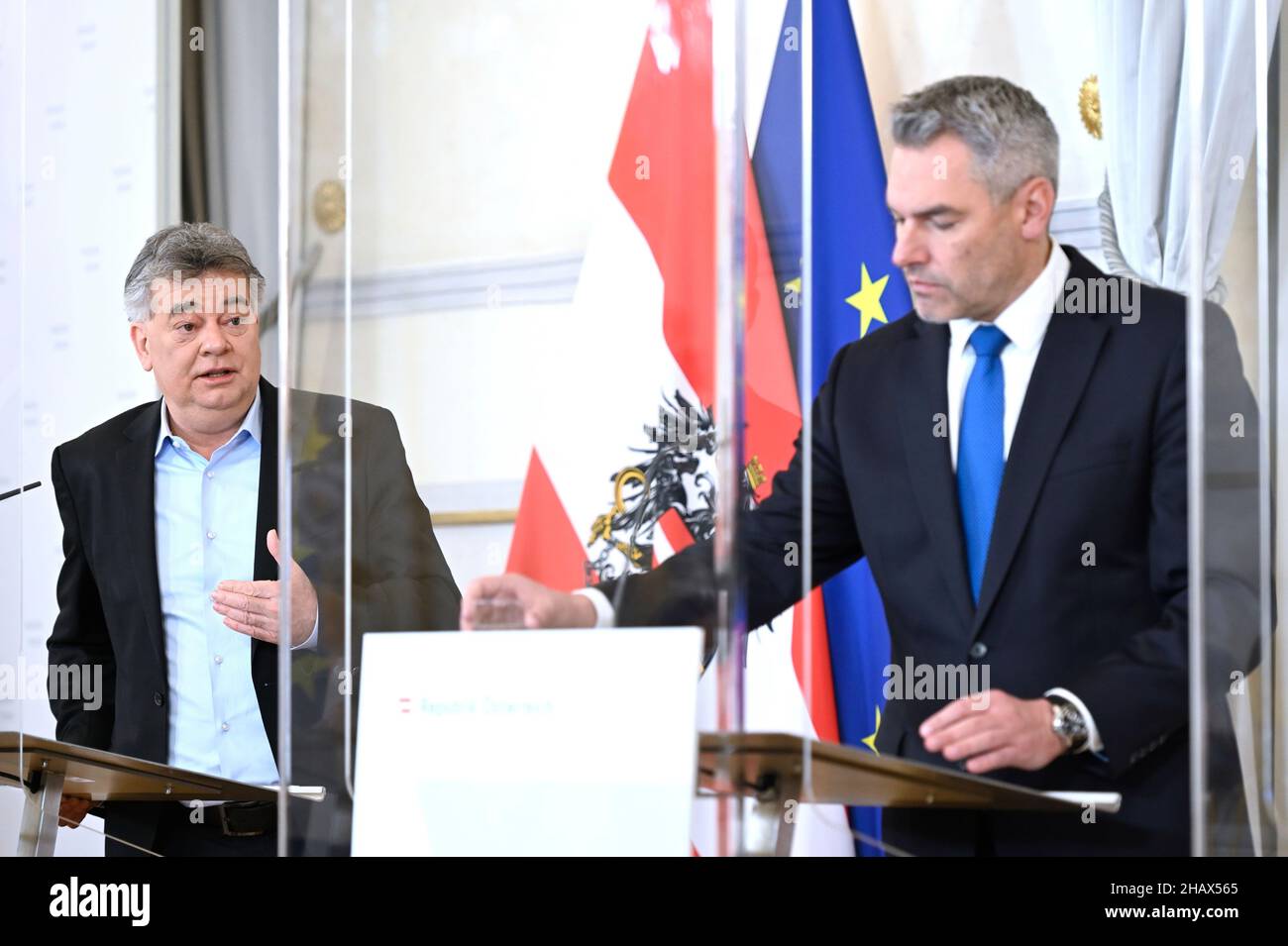 Vienna, Austria. 15th Dec, 2021. Council of Ministers in the Federal Chancellery with Vice Chancellor Werner Kogler (L) and Federal Chancellor Karl Nehammer (R) Stock Photo