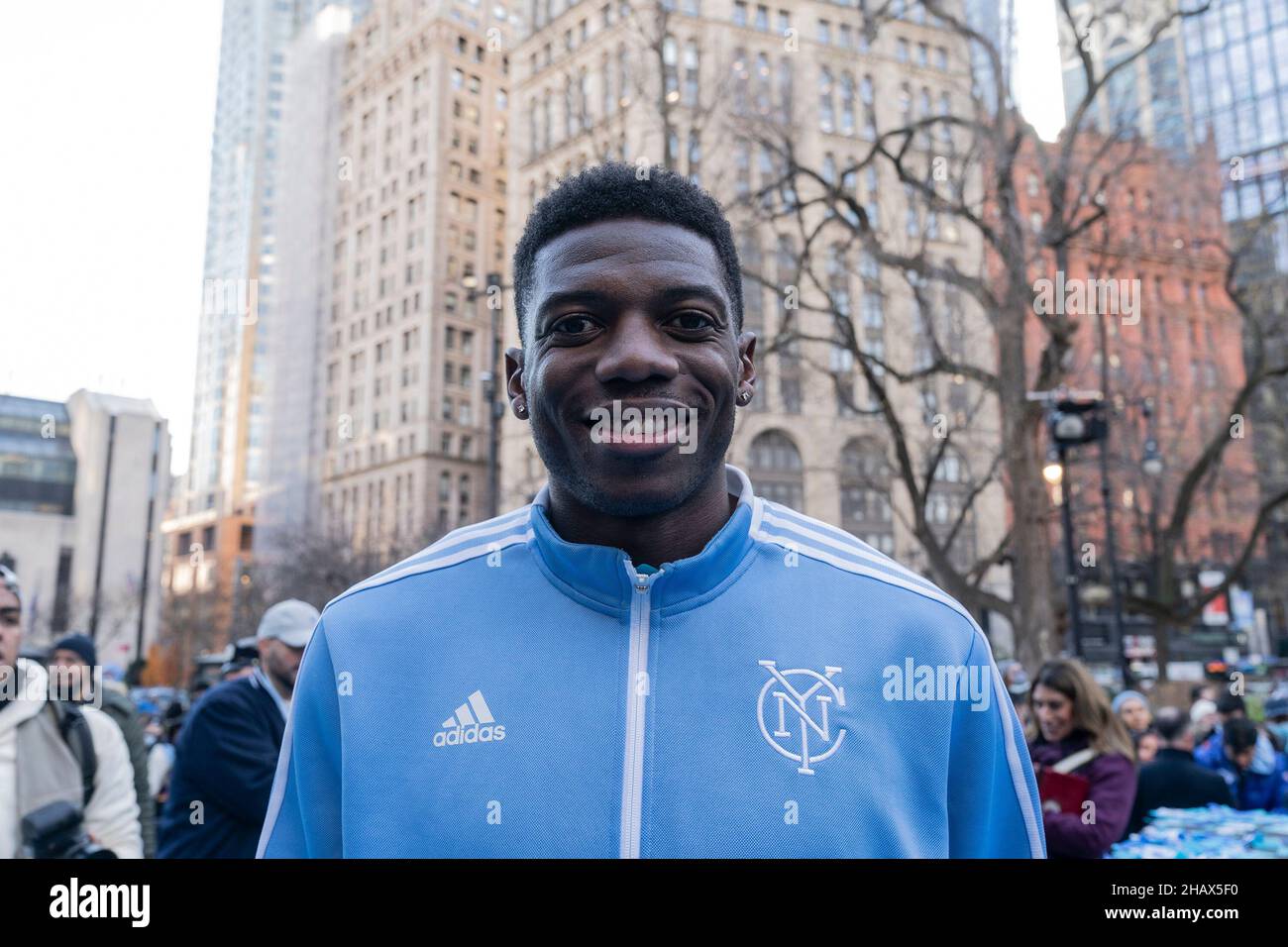New York, New York, USA. 14th Dec, 2021. Goalkeeper Sean Johnson poses during celebration for NYCFC winning the 2021 MLS Cup on City Hall steps. NYCFC finished the regular season in 4th place and played almost all playoff games away. Winning the MLS Cup is the first trophy won by the franchise since it was established 7 years ago. NYCFC is part of the City Football Group which owns football clubs around the world. Sean Johnson was named MVP of the playofffs. (Credit Image: © Lev Radin/Pacific Press via ZUMA Press Wire) Stock Photo