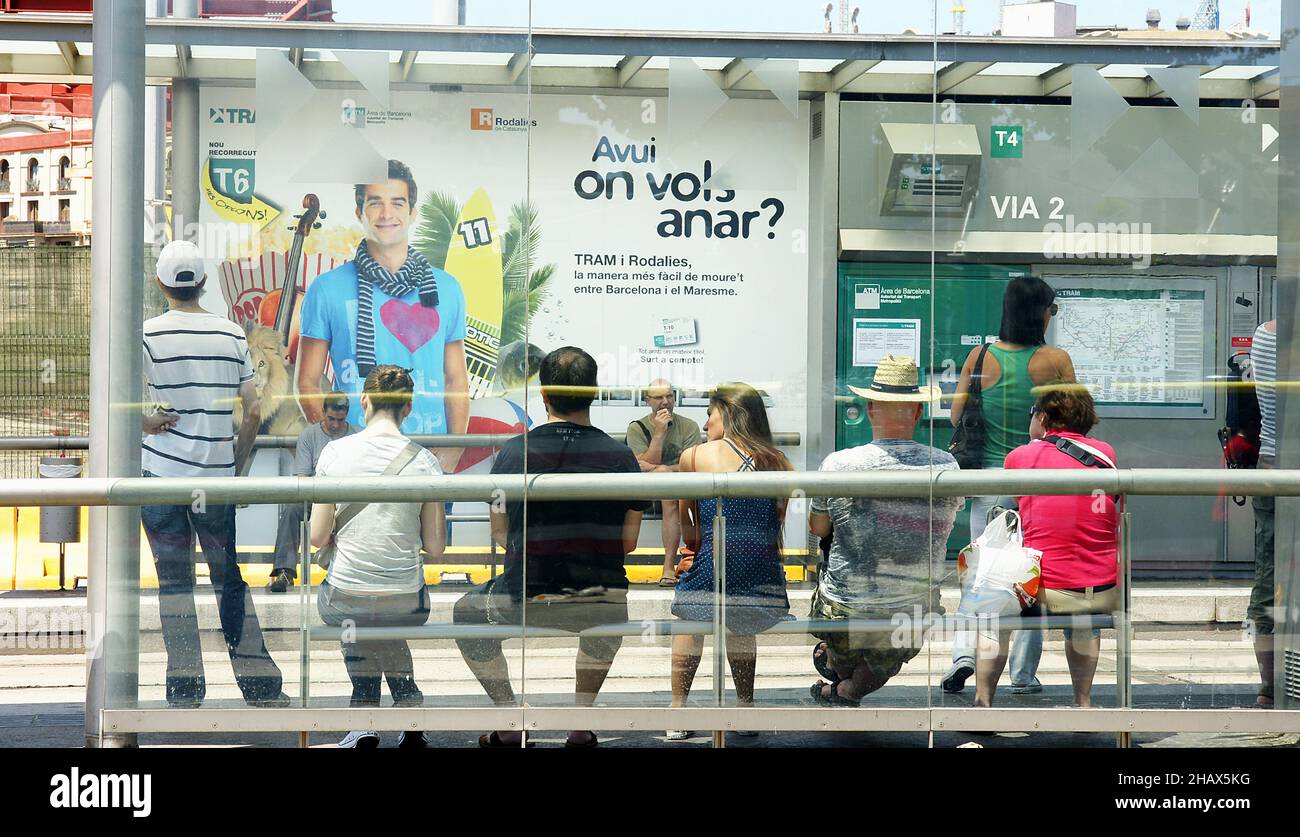 Tram in the streets of Barcelona, Catalunya, Spain, Europe Stock Photo