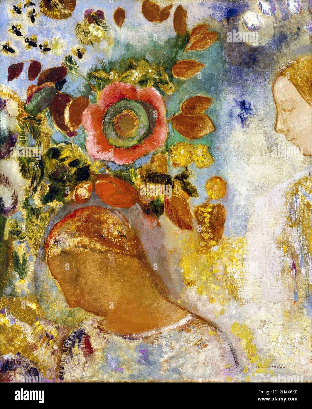 Two Young Girls among Flowers by Odilon Redon (1840-1916), oil on canvas, 1912 Stock Photo