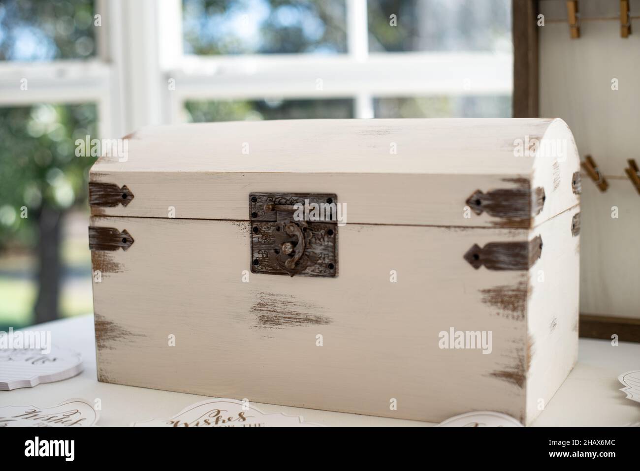 White wood card gift box at wedding reception Stock Photo