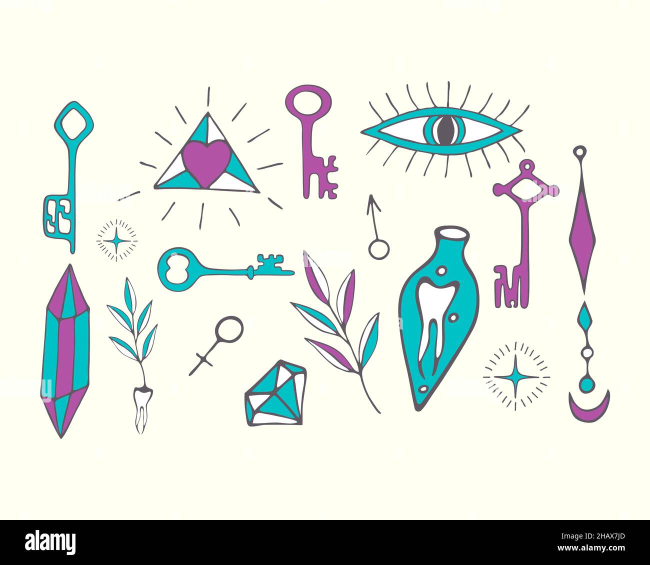 Set of hand drawn doodle Magic tarot. Vector illustration of magic, symbols of witchcraft. Elements of witchcraft concept potion crystal keys of mandrake. Vector illustration Stock Vector