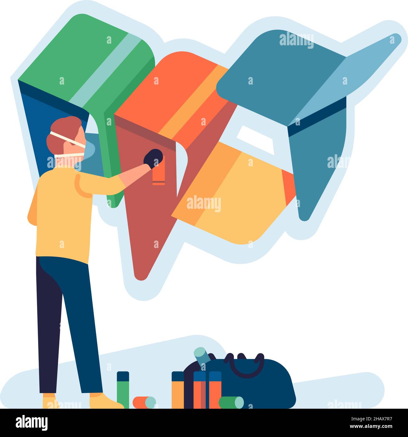 Street artist. Man with spray paint drawing on wall Stock Vector Image