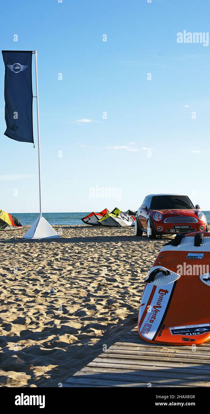 Kitesurfing kites on the beach of Castelldefels, Barcelona, Catalunya