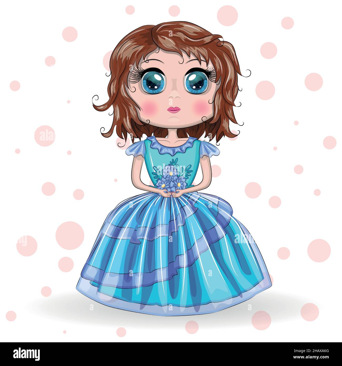 Beautiful girl standing in beautiful long blue dress. Cute Cartoon