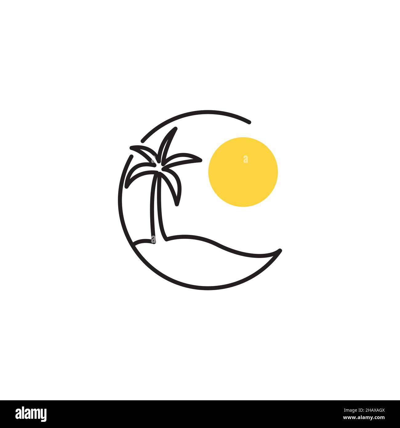 circle line with coconut tree and sunset logo symbol icon vector ...