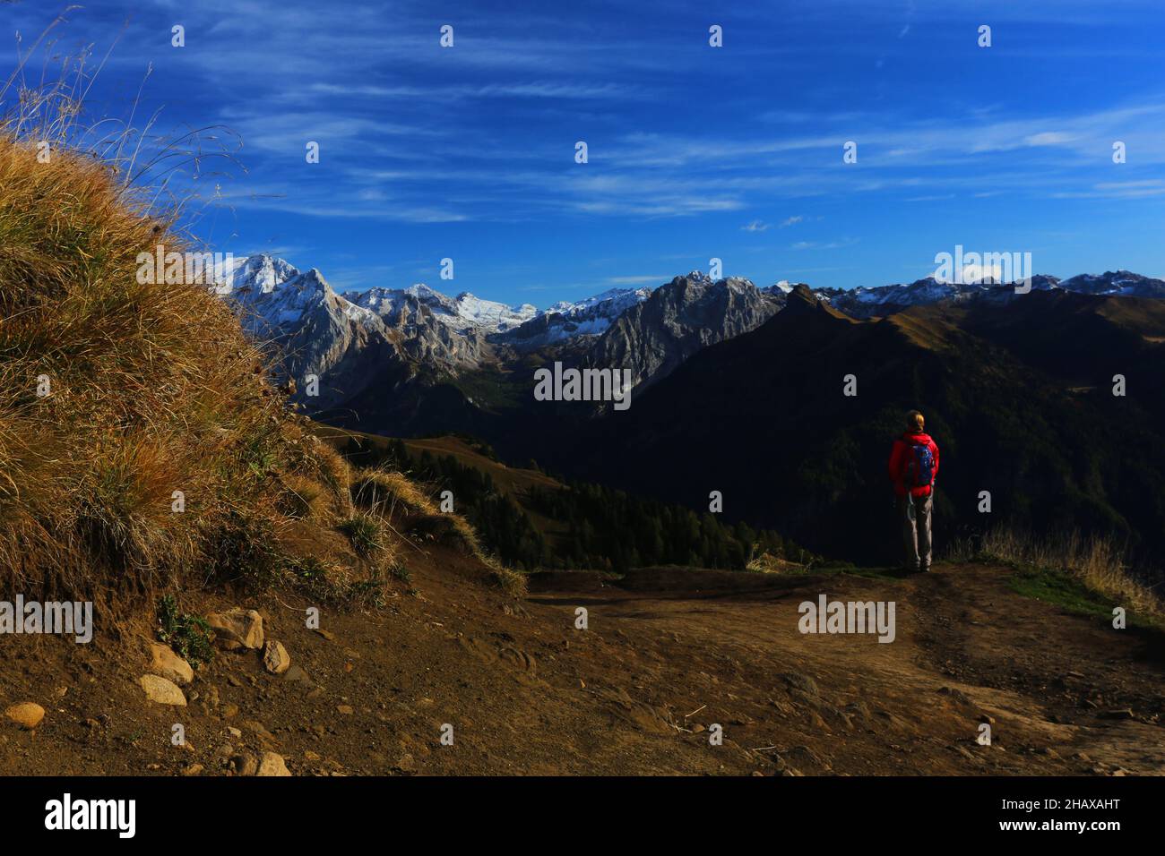 Dolomiten, schöne Frau wandert auf Berge und Felsen am  Langkofel, Sasso Lungo mit Blick und Aussicht auf die Marmolada, Marmolata in Südtirol Stock Photo