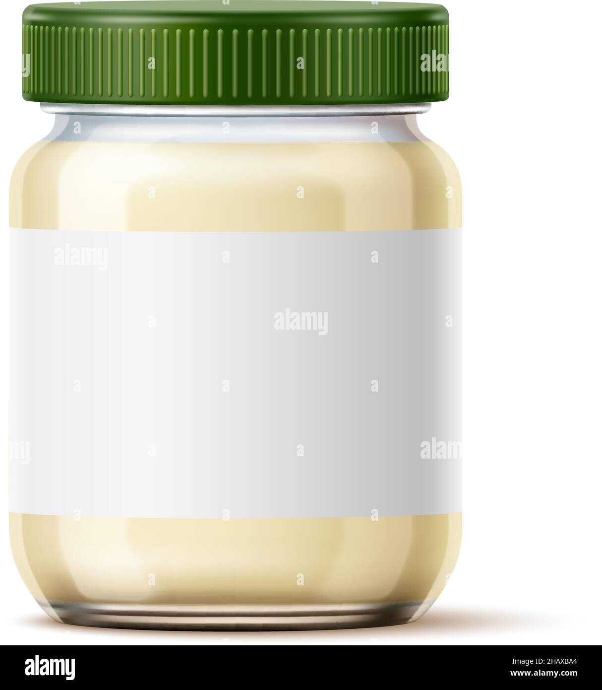 Mayonnaise jar mockup. Realistic sauce in glass with blank label Stock