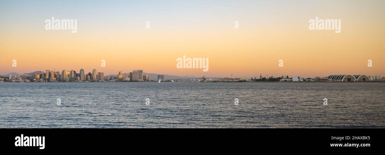 San Diego skyline at sunset, from Harbor Island, San Diego Bay, California. Stock Photo