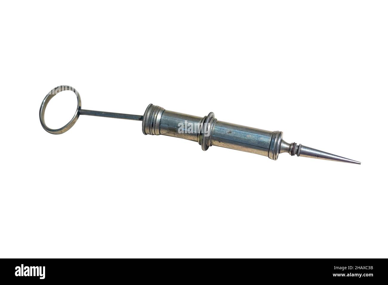 old metal syringe with thick needle isolated on white background Stock Photo