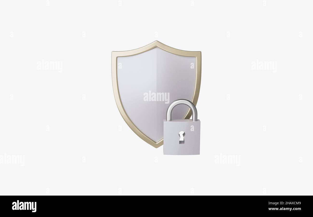 Shield and padlock with white background, 3d rendering. Computer