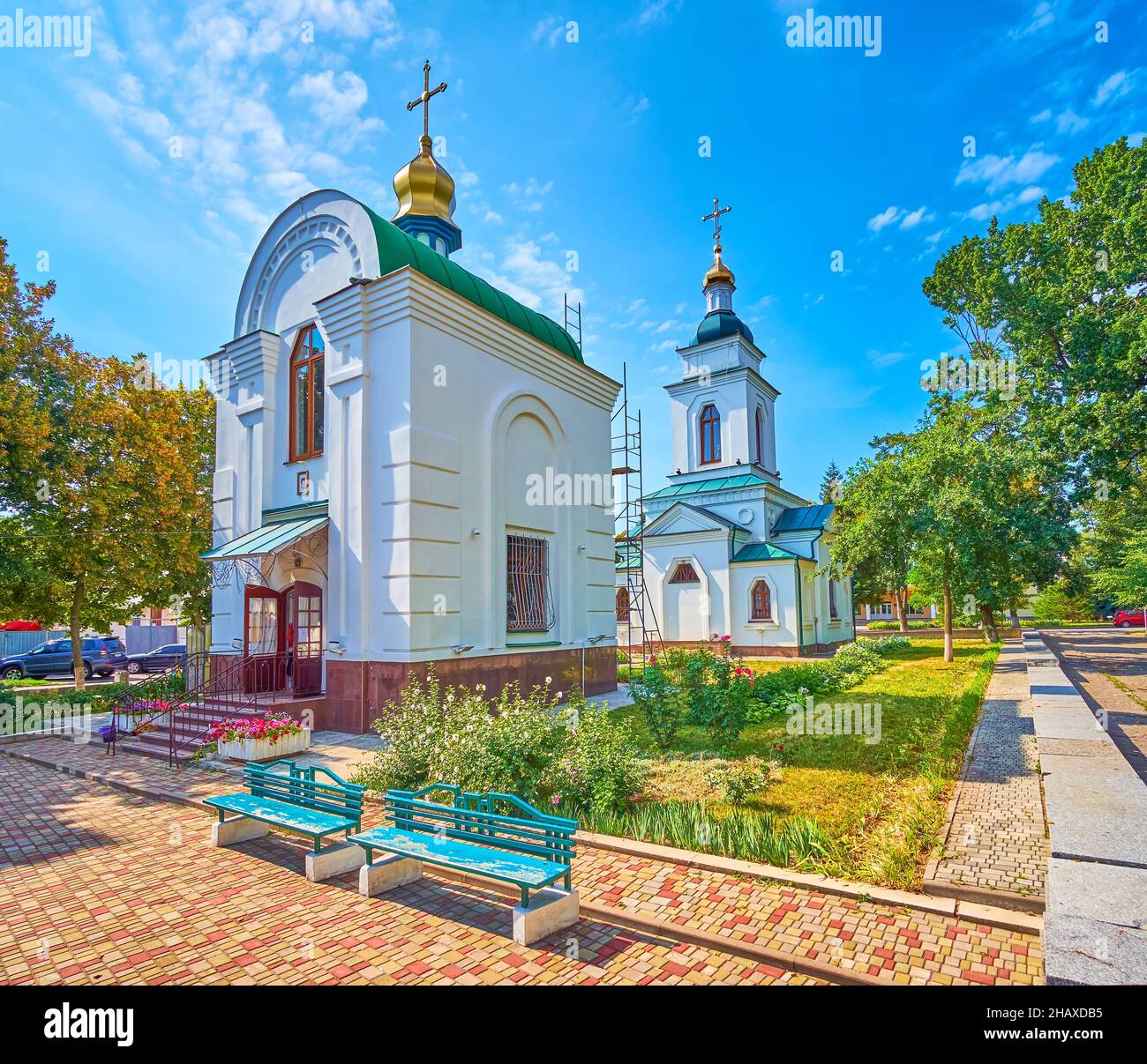 The restored bell tower and small chapel of Church of the Savior, one of the most notable historical landmarlk of Poltava, Ukraine Stock Photo