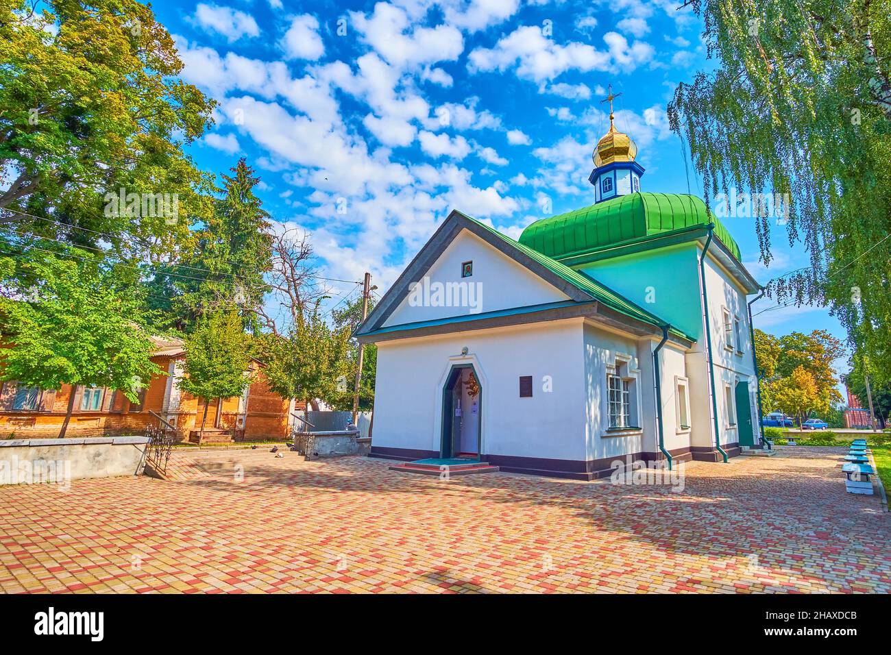 The modestly decorated facade of the Church of the Savior the fine example of Old Russian Style in architecture, Poltava, Ukraine Stock Photo