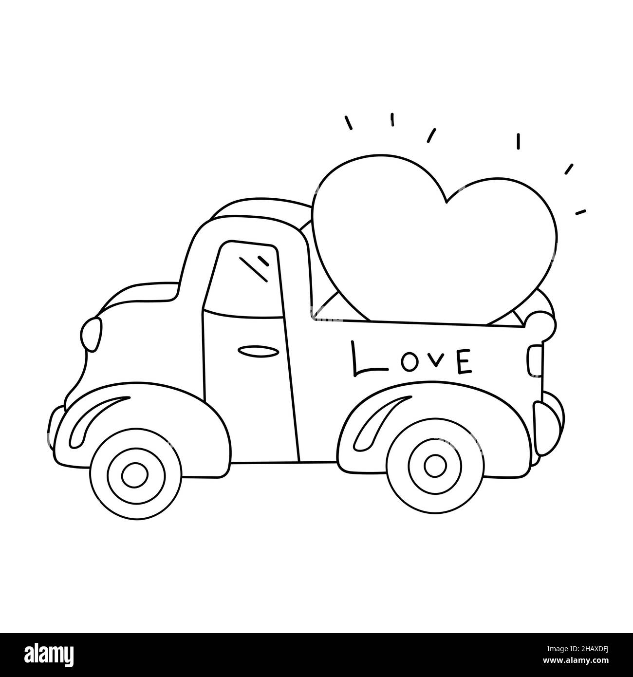 Greeting Card Valentine's Day with a car and Balloons Hearts. Cupid's Delivery. Vector illustration in doodle style isolated on background. Love truck Stock Vector