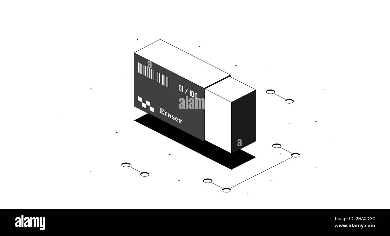 Eraser rubber. Black and white isometric 3d illustration isolated on white background. Stock Photo
