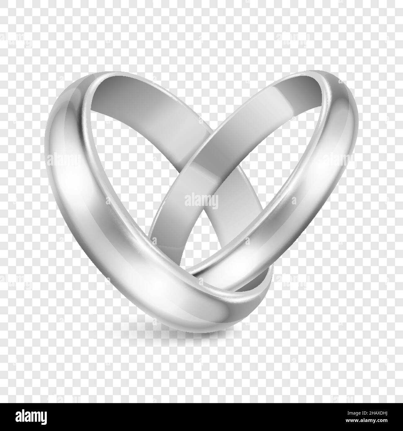 Vector 3d Realistic Silver Metal Wedding Ring Set Closeup. Design Template of Shiny Rings in the Shape of Heart. Wedding, Engagement, Love, Romantic Stock Vector