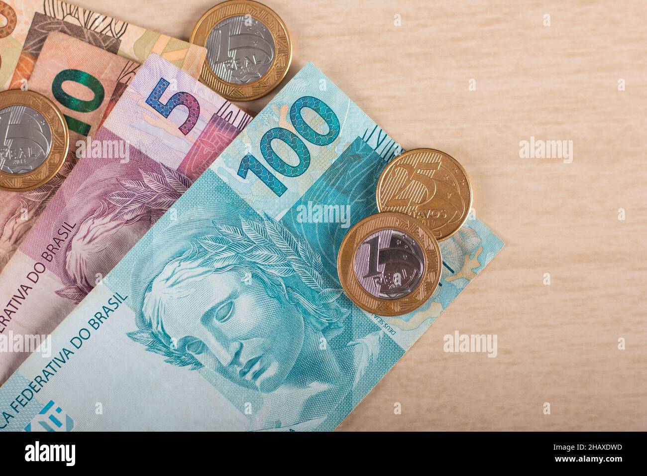 Real currency, money from Brazil. Real banknotes with Brazilian currency. Stock Photo
