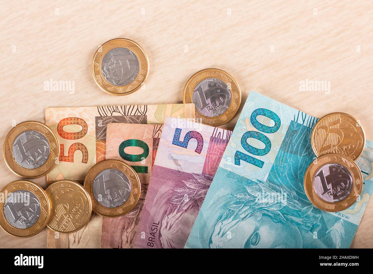 Real currency, money from Brazil. Real banknotes with Brazilian currency. Stock Photo