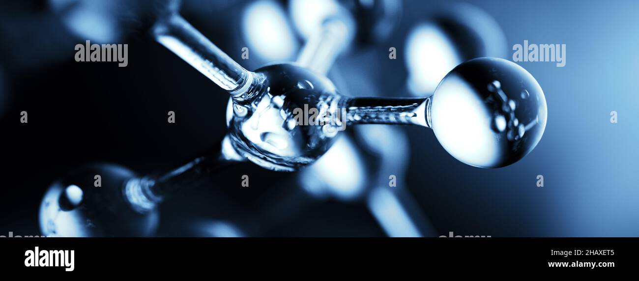 Macro view clear molecule connection structure with droplets in blue blurry panoramic background Stock Photo