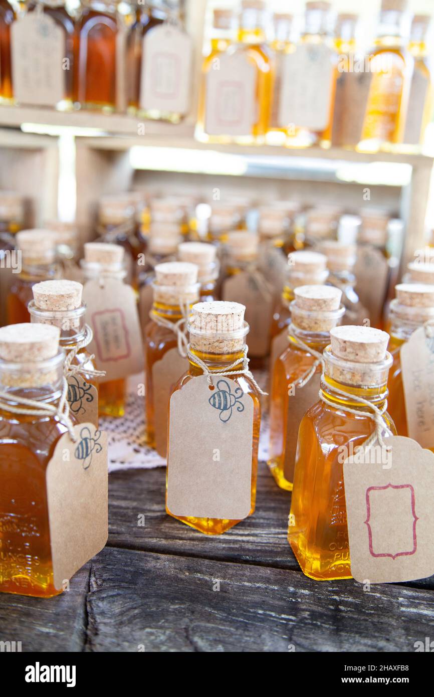 Many honey Bottles with blank labels Stock Photo Alamy