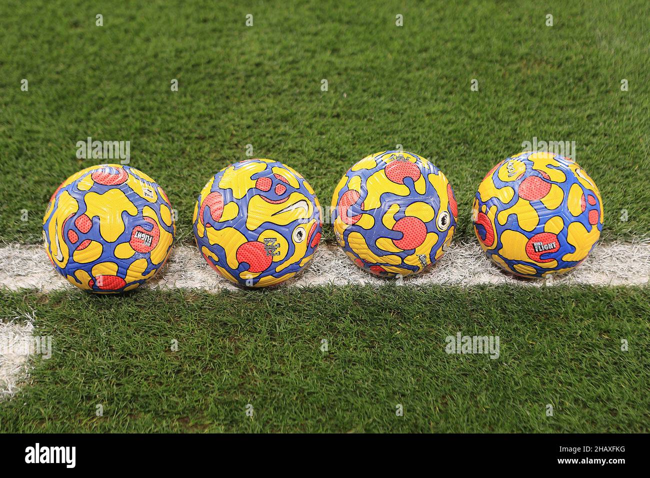 London, UK. 15th Dec, 2021. A group of Nike Flight winter Footballs are  seen in a line prior to kick off. Premier league match, Crystal Palace v  Southampton at Selhurst Park stadium