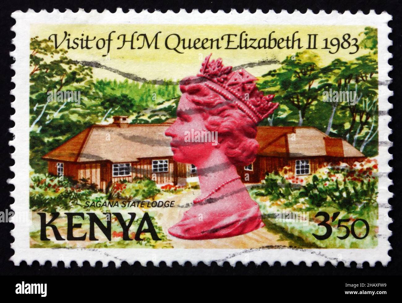 KENYA - CIRCA 1983: a stamp printed in Kenya shows Sagana State Lodge, Visit of HM Queen Elizabeth II, circa 1983 Stock Photo