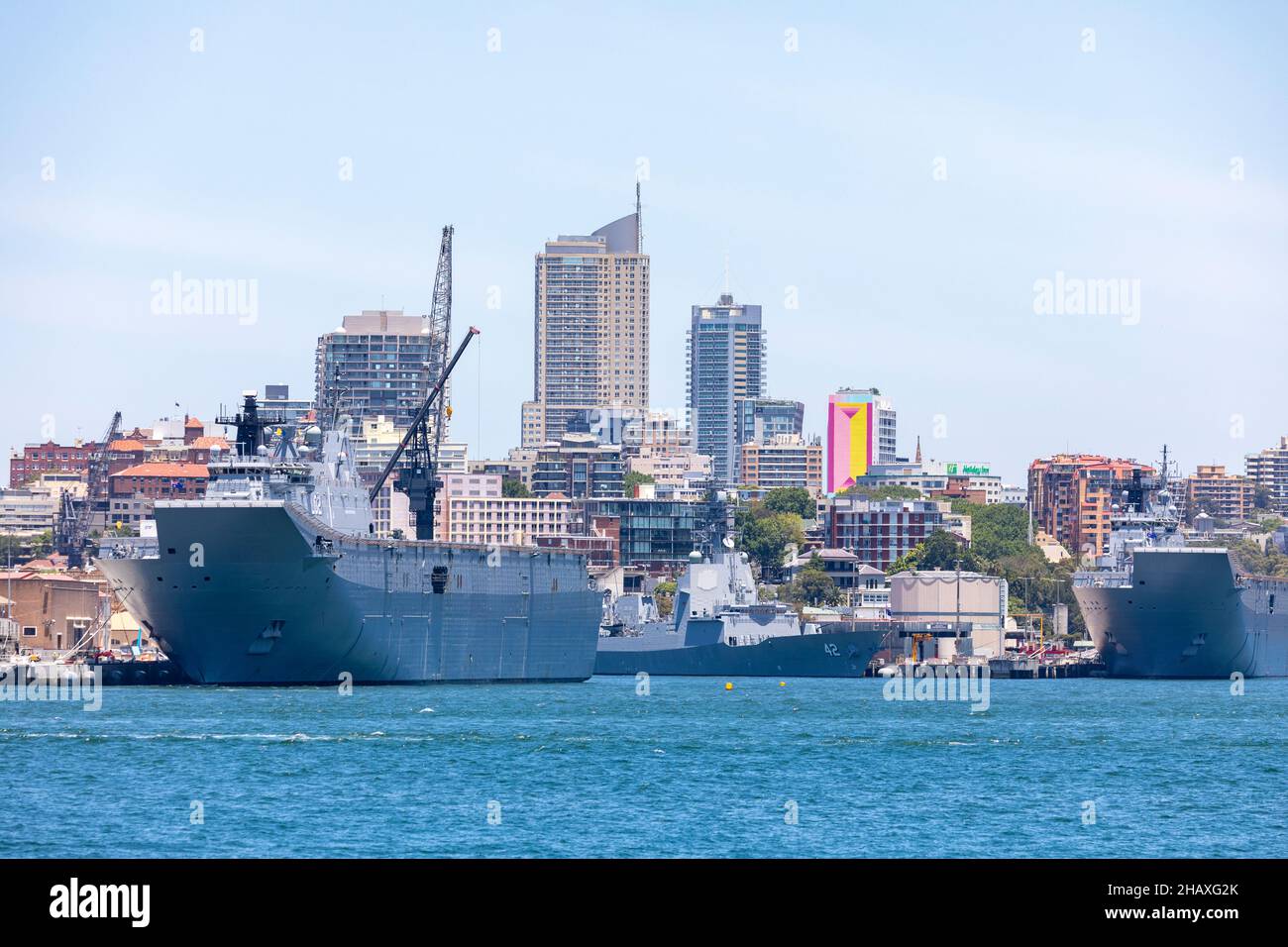 HMAS Canberra LO2 of the Royal Australian Navy at Garden Island naval base in Sydney, an amphibious assault ship launched in 2011 Stock Photo