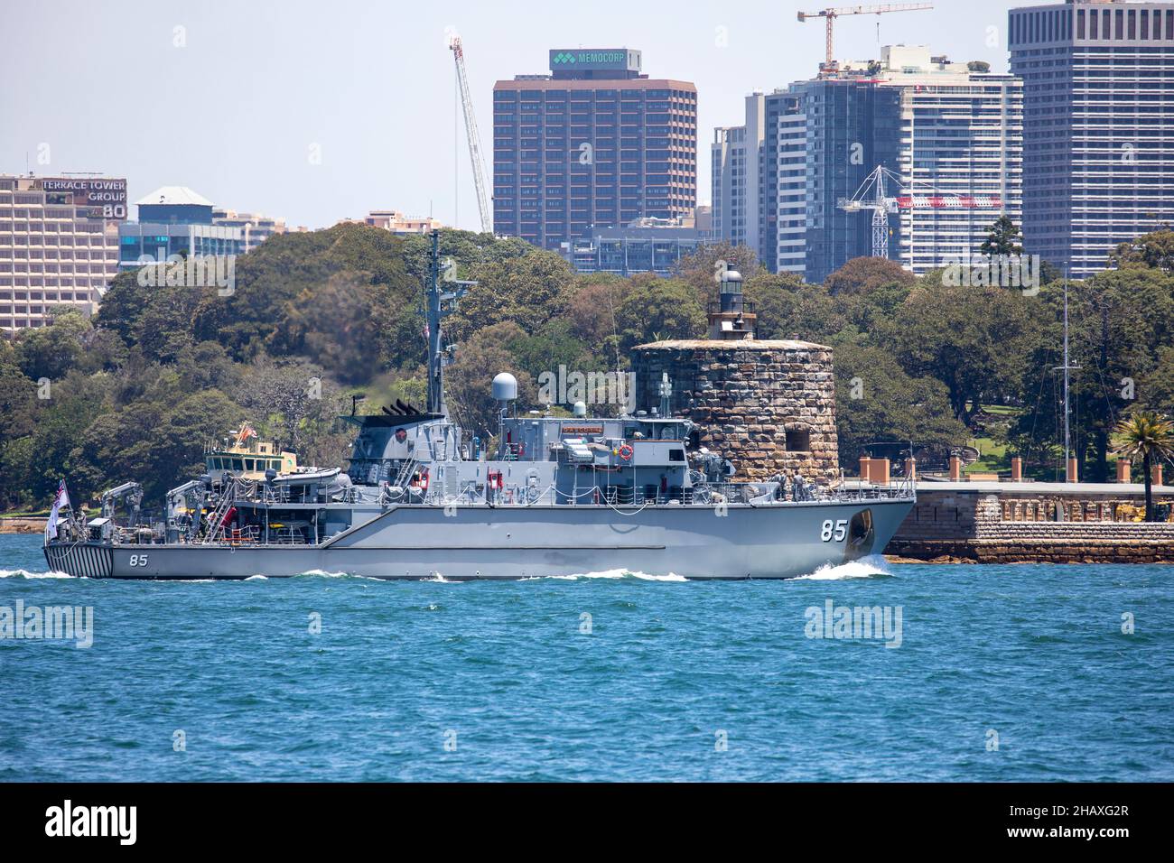 HMAS Gascoyne 2 minehunter vessel of the Royal Australian Navy on Sydney Harbour passing Fort Denison,Sydney,Australia Stock Photo