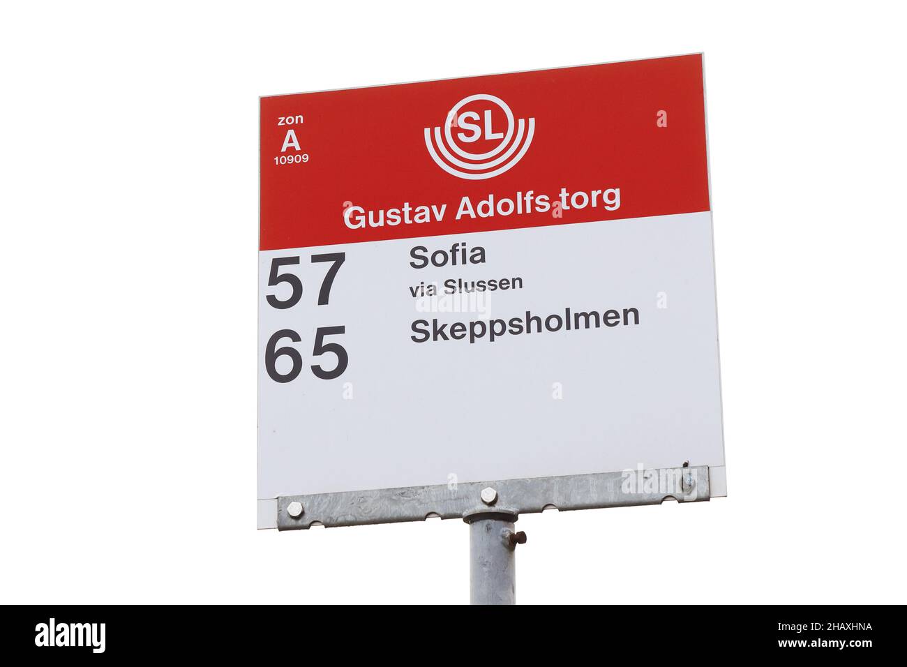 Stockholm, Sweden - November 27, 2021: Close-up view of the Gustav Adolfs Torg bus stop sign. Stock Photo