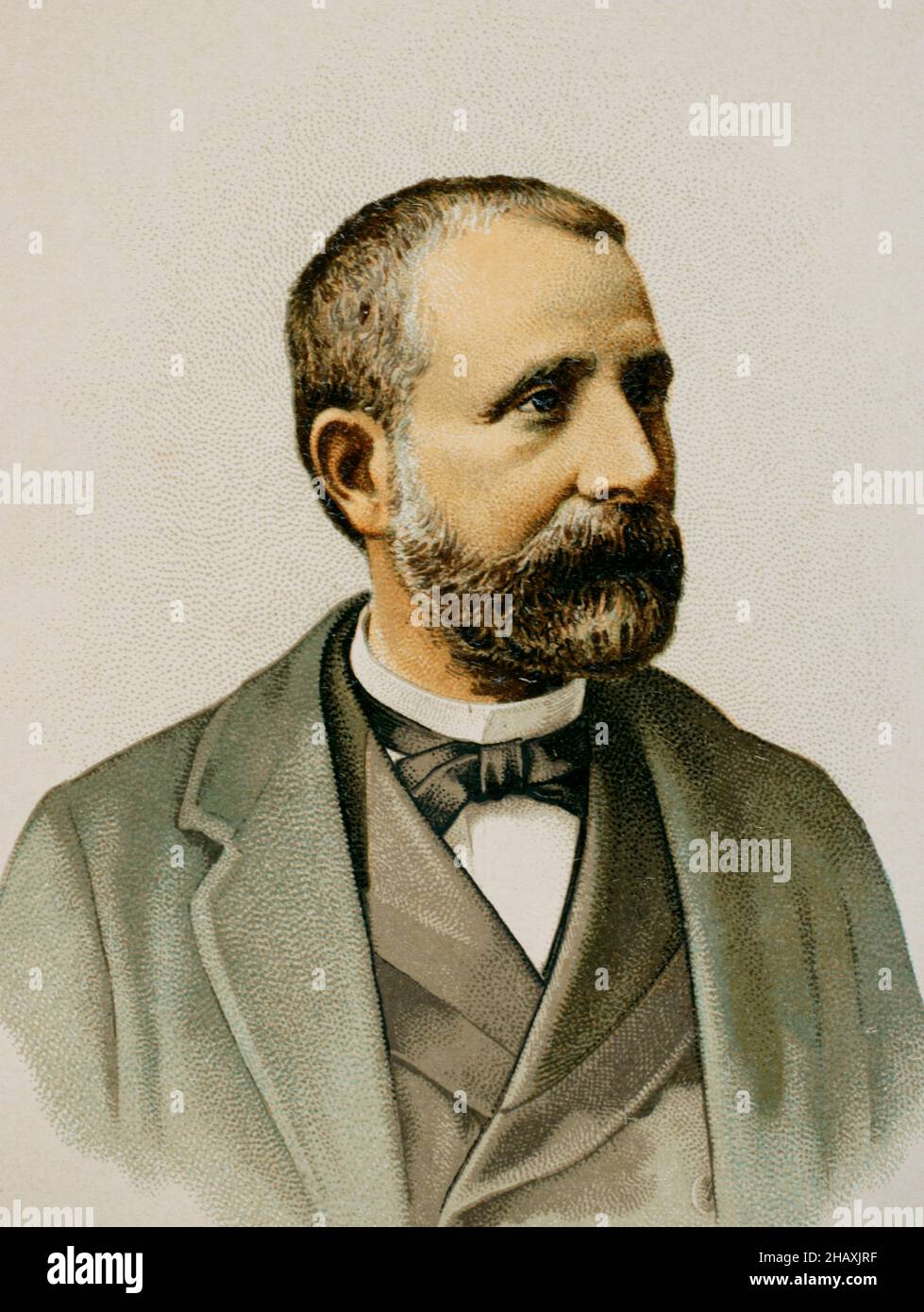 Gaspar Núñez de Arce (1832-1903). Spanish poet and politician. He took an active part in the Glorious Revolution of September 1868 to dethrone Isabella II. Minister of Overseas in 1883 in the government presided over by Sagasta. Portrait. Chromolithography. 'Historia General de España' (General History of Spain), by Miguel Morayta. Volume VIII. Madrid, 1894. Stock Photo