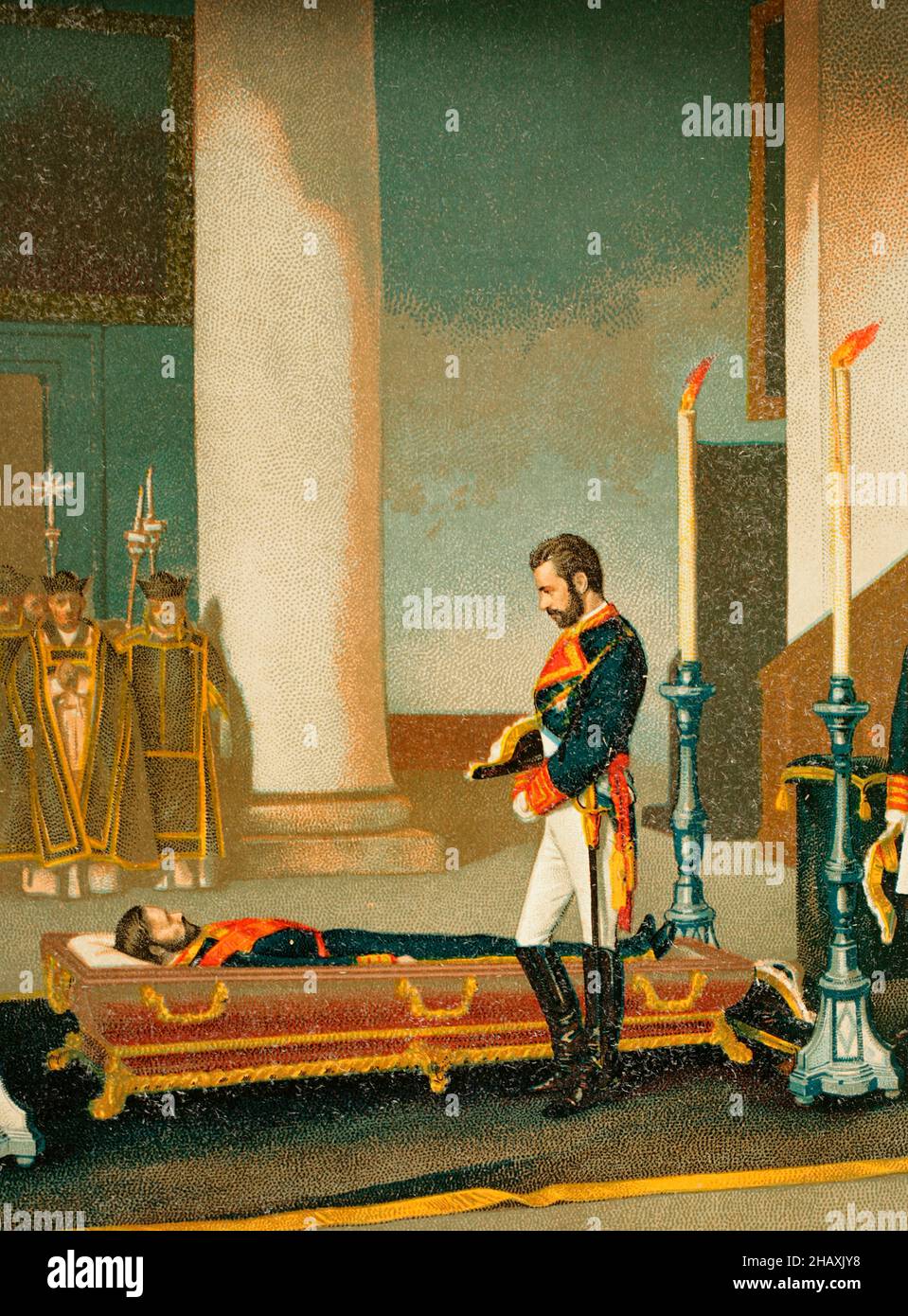 King Amadeo I of Spain (1845-1890) visiting the corpse of General Prim (1814-1870). Scene of the monarch at the Basilica of Atocha (Madrid) paying last respects to Prim, on 2 January 1871, who was assassinated in an attack on 27 December 1870. Copy of the painting by Antonio Gisbert. Detail. Chromolithography. 'Historia General de España' (General History of Spain), by Miguel Morayta. Volume VIII. Madrid, 1894. Stock Photo