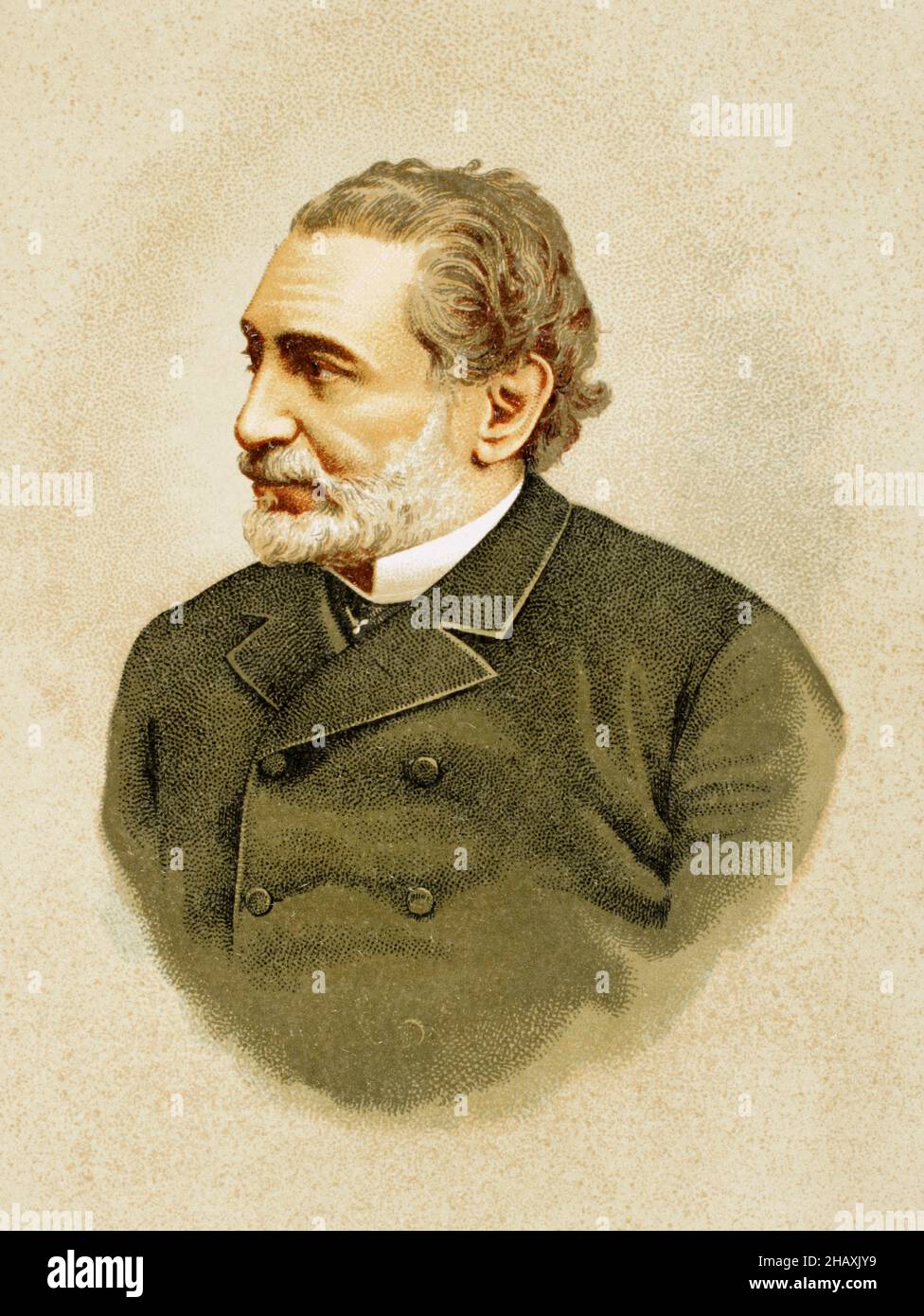 Práxedes Mateo Sagasta (1825-1903). Leader of the Liberal-Progressive Party. President of the Spanish Council of Ministers on several occasions between 1870 and 1902. Portrait. Chromolithography. "Historia General de España" (General History of Spain), by Miguel Morayta. Volume VIII. Madrid, 1894. Stock Photo