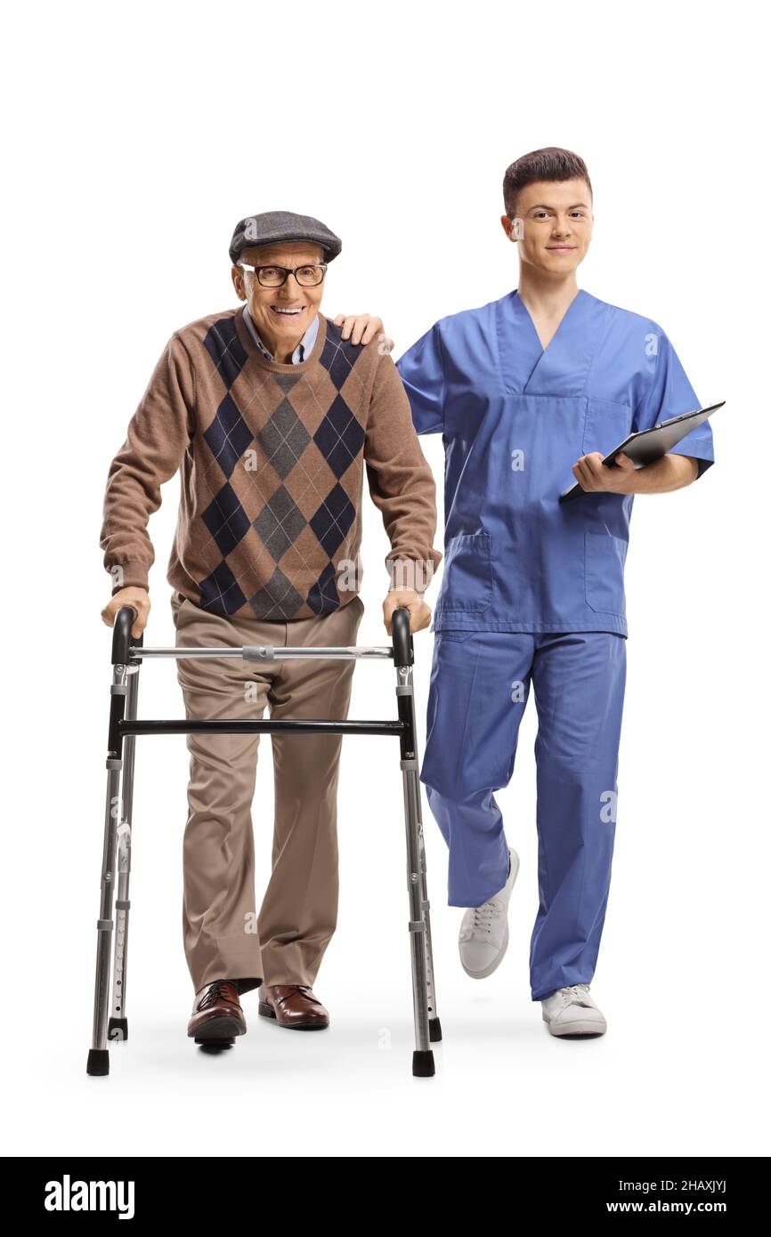 Healthcare medical worker and a senior man with a walker isolated on