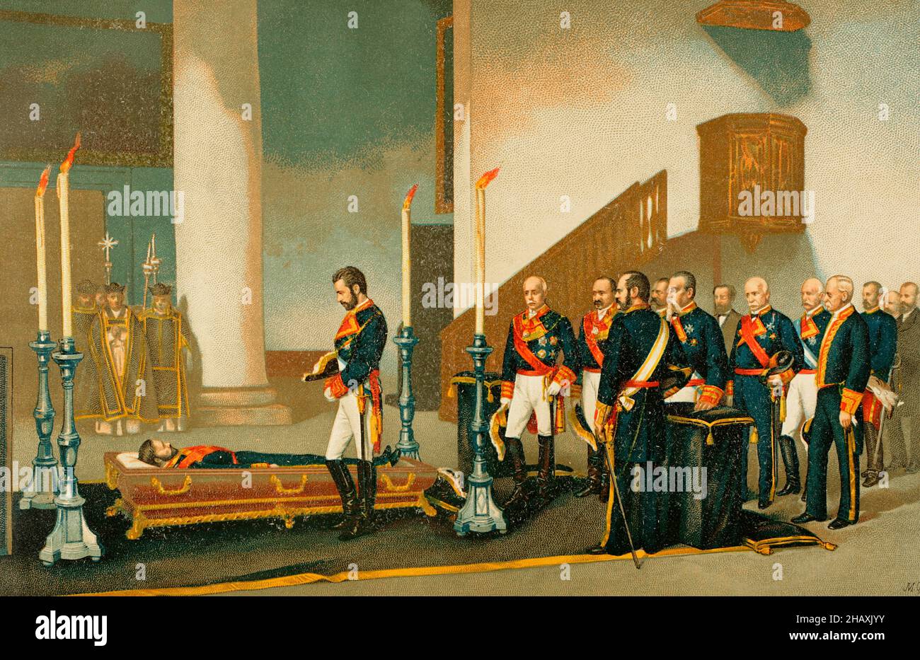 King Amadeo I of Spain (1845-1890) visiting the corpse of General Prim (1814-1870). Scene of the monarch at the Basilica of Atocha (Madrid) to veil the coffin of Prim, on 2 January 1871, who was assassinated in an attack on 27 December 1870. Behind the king stands General Serrano, as well as other Spanish political and military authorities. Copy of the painting by Antonio Gisbert. Chromolithography. 'Historia General de España' (General History of Spain), by Miguel Morayta. Volume VIII. Madrid, 1894. Stock Photo