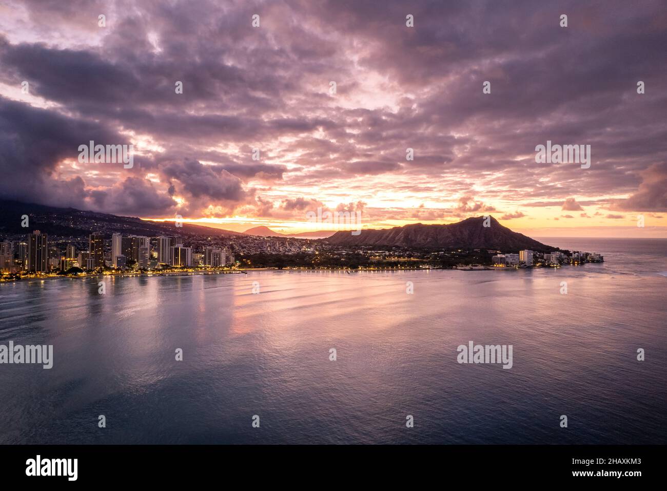 Cityscape, Diamond Head and Waikiki Beach at sunrise, Honolulu, Oahu, Hawaii, USA Stock Photo
