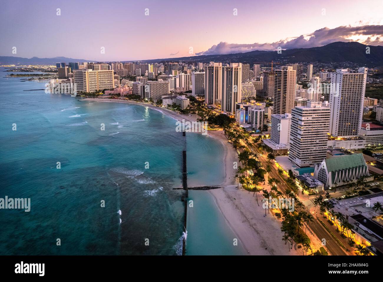 Aerial cityscape and Waikiki Beach at sunrise, Honolulu, Oahu, Hawaii, USA Stock Photo