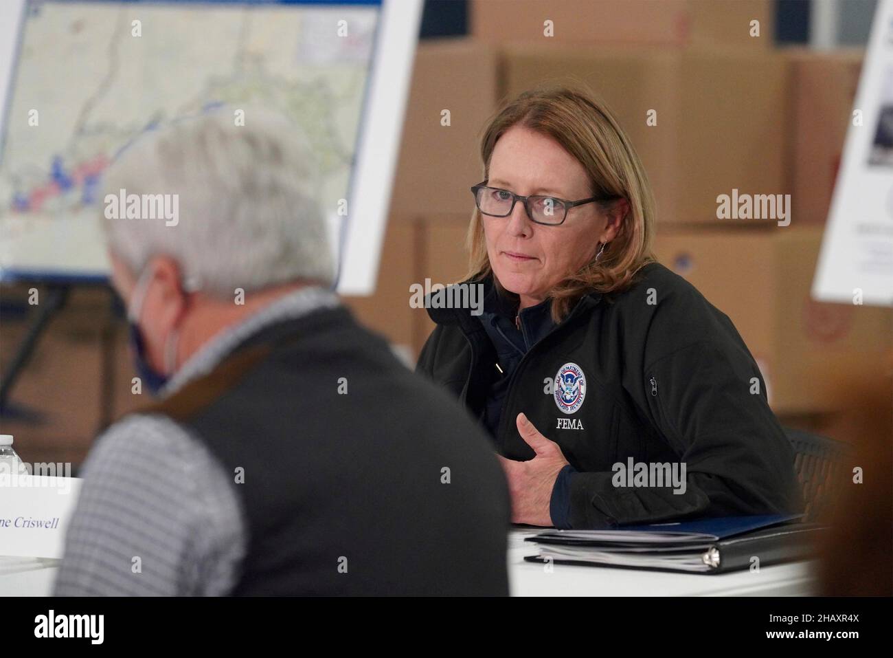 Mayfield, United States Of America. 15th Dec, 2021. Mayfield, United States of America. 15 December, 2021. U.S. FEMA Administrator Deanne Criswell briefing on the recent devastating tornados at the Mayfield Graves County Airport December 15, 2021 in Mayfield, Kentucky. Credit: Alexis Hall/FEMA/Alamy Live News Stock Photo