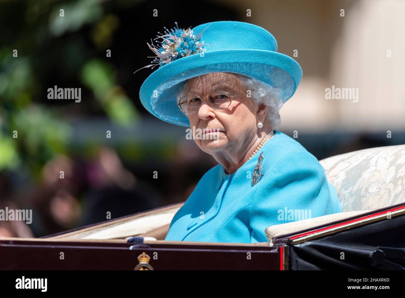 Queen Elizabeth II at Trooping the Colour 2018 in blue Angela Kelly design outfit. Alone in carriage Stock Photo