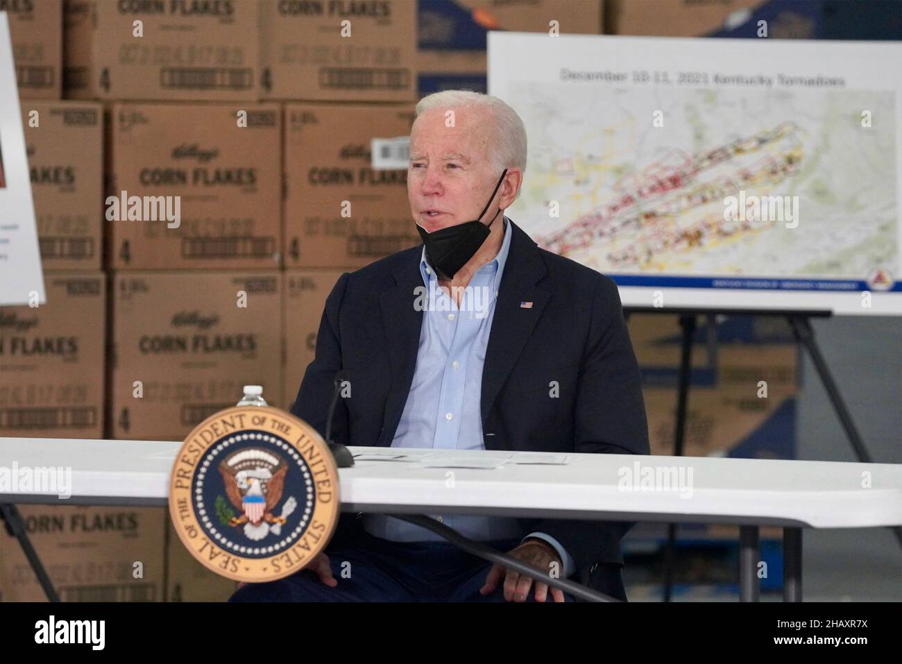 Mayfield, United States Of America. 15th Dec, 2021. Mayfield, United States of America. 15 December, 2021. U.S. President Joe Biden during a briefing on the recent devastating tornados at the Mayfield Graves County Airport December 15, 2021 in Mayfield, Kentucky. Credit: Alexis Hall/FEMA/Alamy Live News Stock Photo
