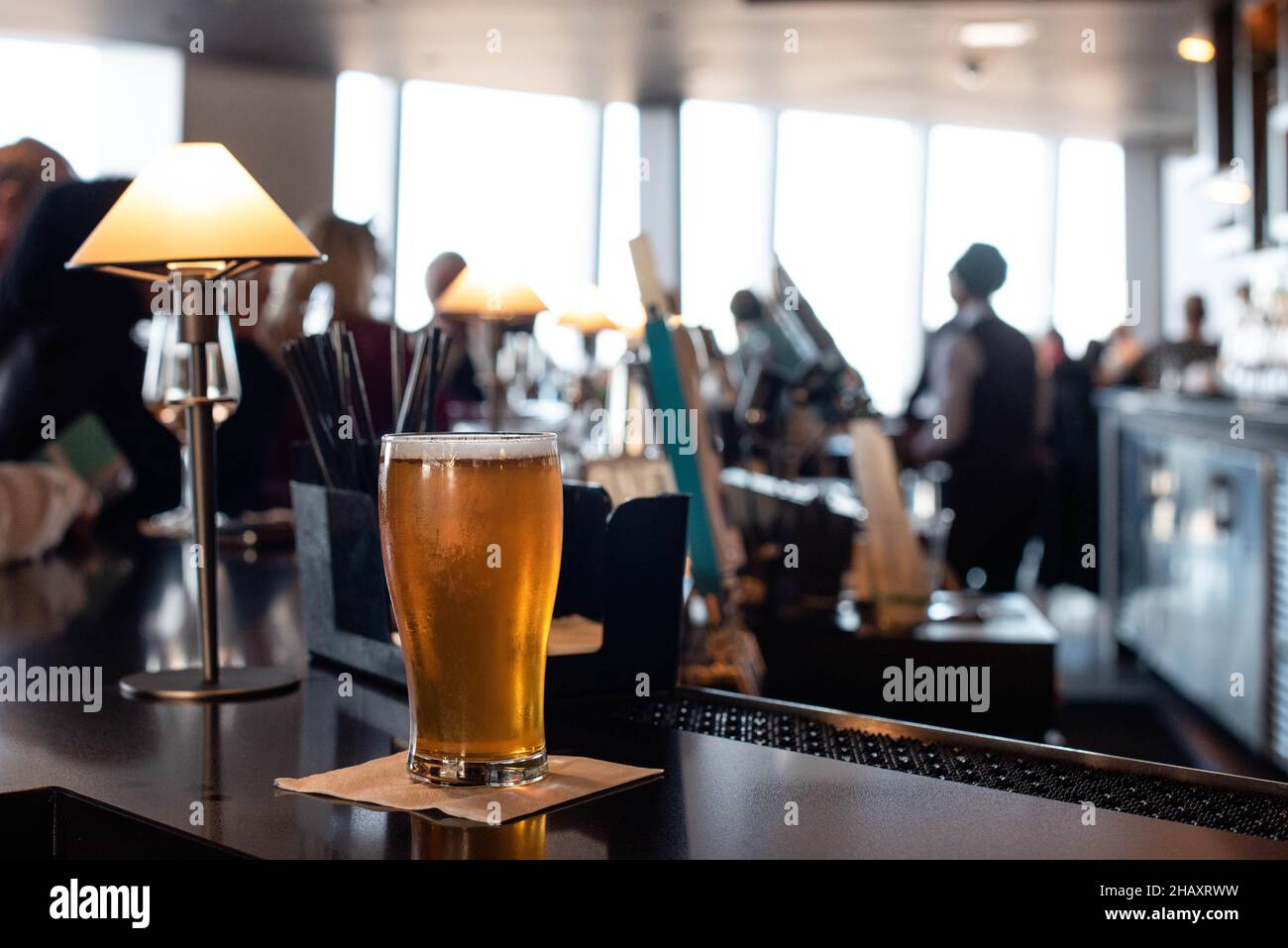 Enjoying a beer at the bar on the 107th floor of the Freedom Tower. Stock Photo