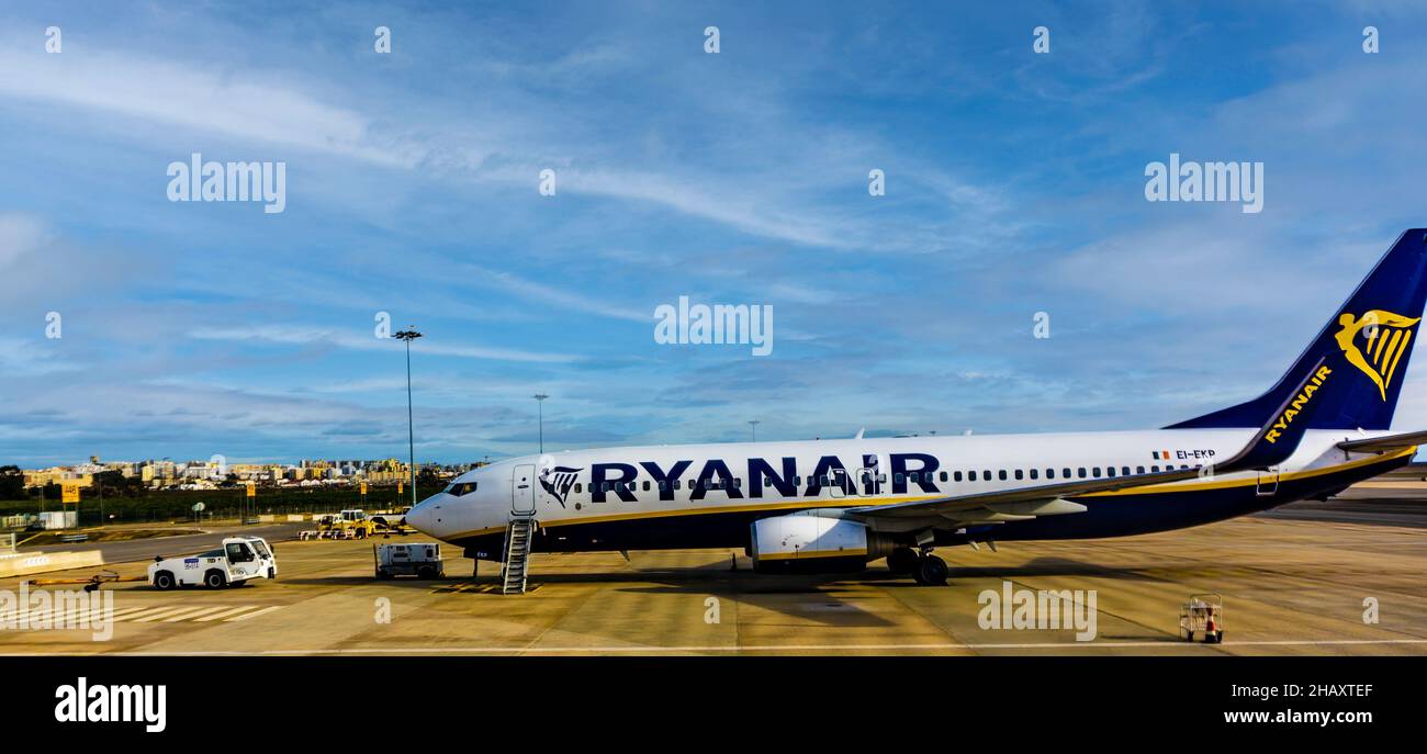 A Ryanair plane on the tarmac in Faro Airport, Portugal. Stock Photo