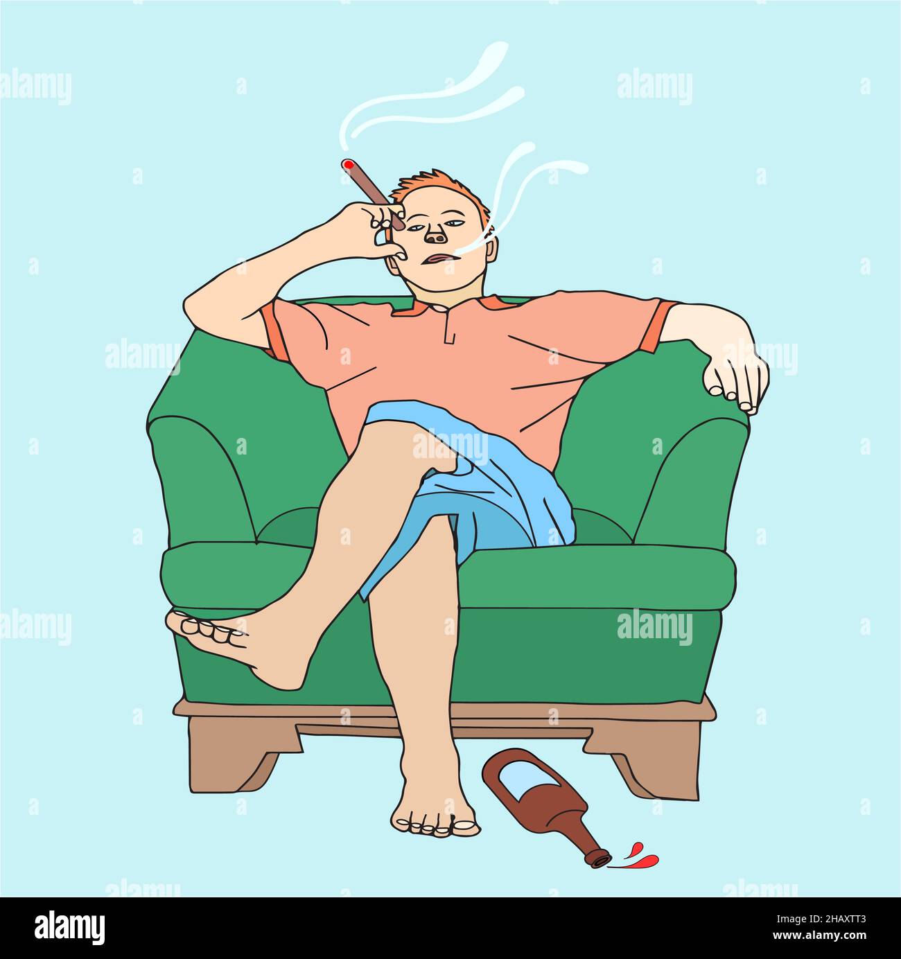 Feeling unwell after tobacco and alcohol drinking. A man with a hangover in  armchair. Illustration Stock Vector Image & Art