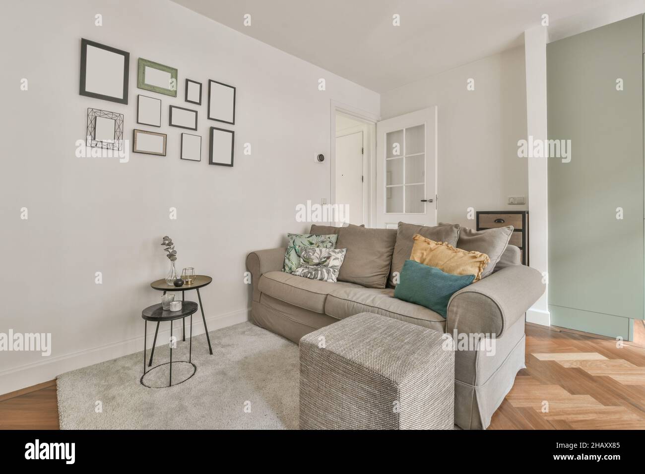 Interior of modern living room with comfortable sofa with floor lamp ...
